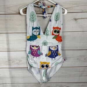 White Multicolor Owl Print Halter Top One Piece Swimsuit Size XL